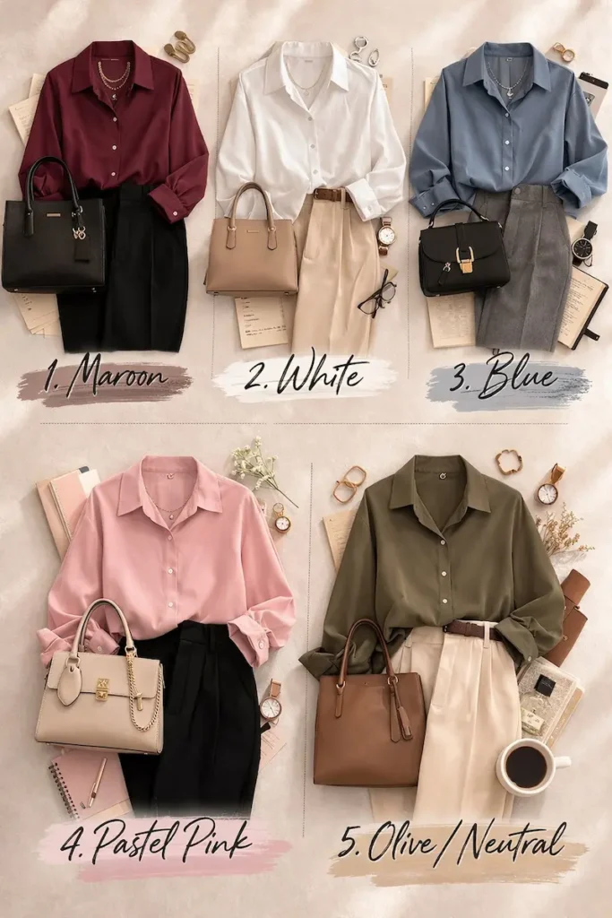 maroon office shirt outfit womenwhite office shirt outfit womenblue office shirt work outfitpink office shirt outfit womenolive office shirt workwear outfit